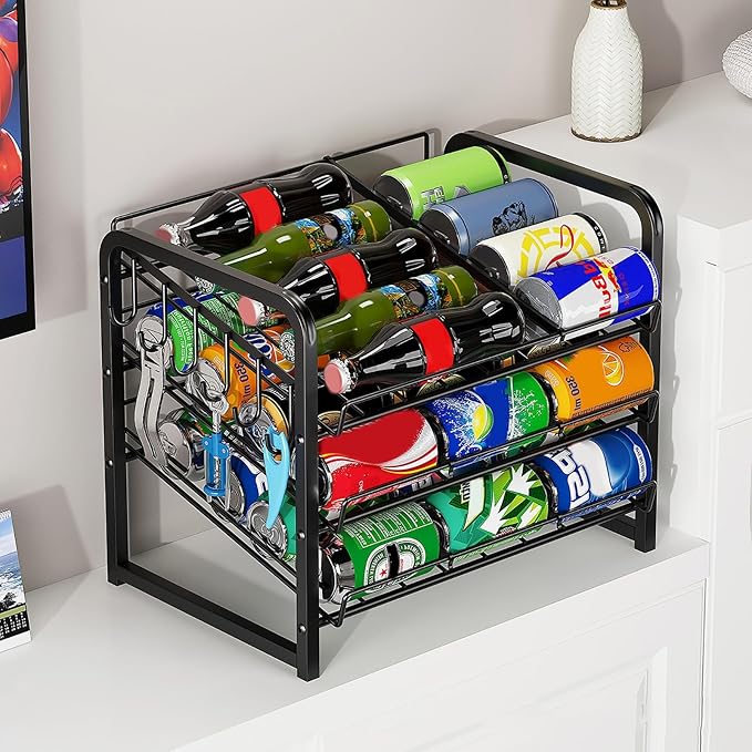 YOXIER Beverage Organizer Shelf Storage Rack Automatic Rolling 2 Tiers Large Capacity Beer Soda Holder Fridge Organizer Refrigerator Dispenser Black Dual Layer