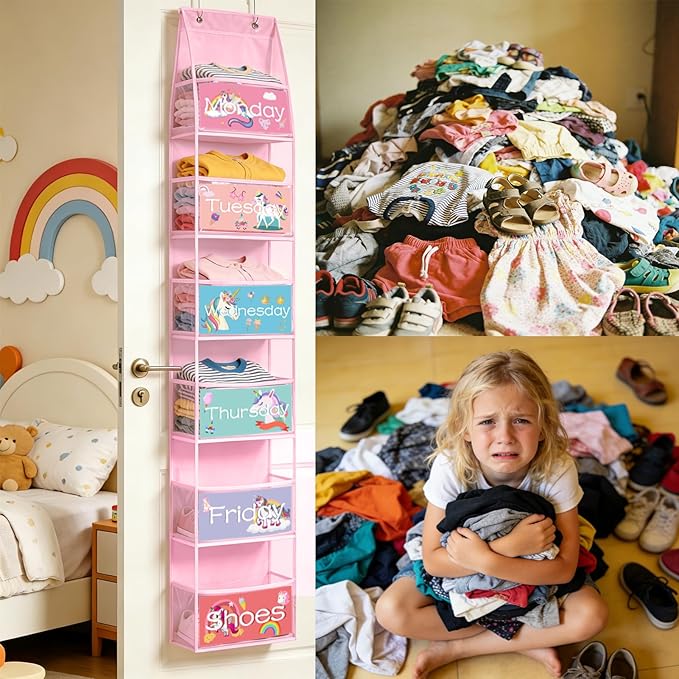 2 Pcs 6-Shelf Weekly Clothes Organizer for Kids Daily Hanging Closet Organizer with 2 Sets Week Day Stickers Foldable Days of The Week Behind Door Hanging Storage Shelves
