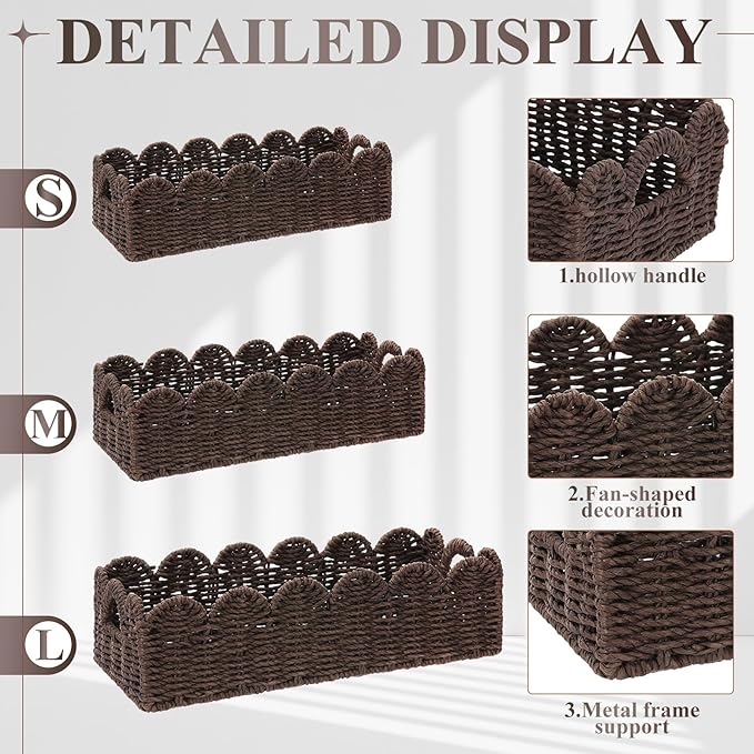 Boao 3 Pcs Boho Storage Wicker Baskets Handmade Woven Decorative Paper Rope Baskets for Organizing with Handle Countertop Toilet Paper Storage Container for Toilet Tank Top(Brown,Fan-shaped)