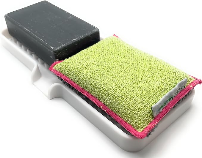 Silicone Soap Dish Tray and Sponge Holder with Drain Chute, Rectangular, Kitchen and Bathroom Sink Organizer (White, 9"x3.5")
