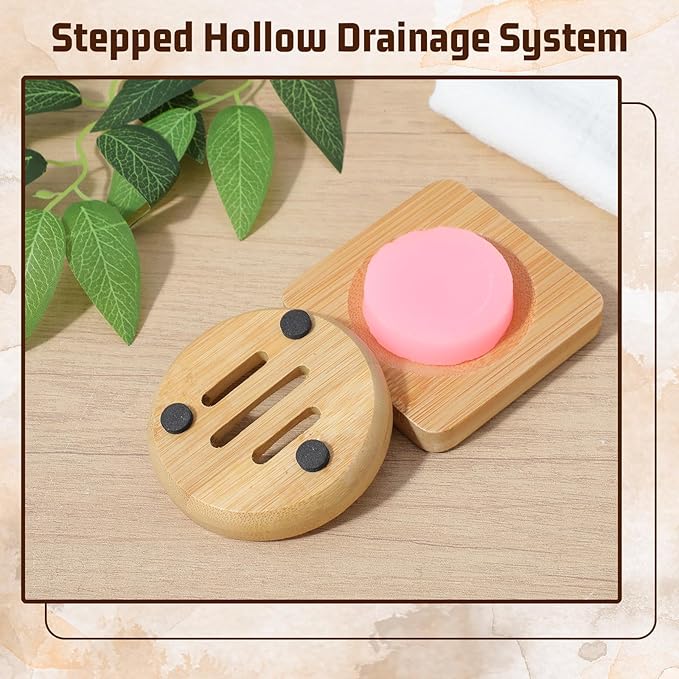 Ymapinc 2-Pack Natural Bamboo Soap Holder, Round+Square Bamboo Soap Dish & Shower Steamer Holder, Wood Tray for Home Shower Bathroom