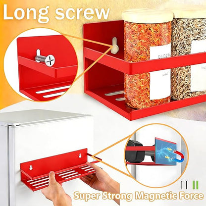 SMRCAD Magnetic Spice Rack for Refrigerator Seasoning Organizer for Spice Fridge Shelf storage Magnetic Shelf with Hook for Oven (RED -cut out, 4pack)