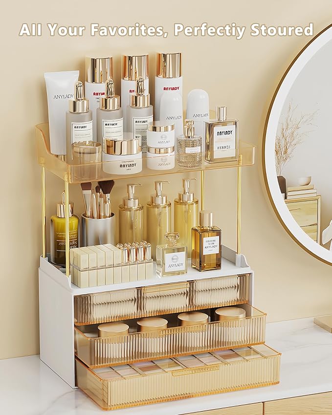 Anylady Bathroom Organizers and Storage, Makeup Organizer (Sturdy Durable Attractive), Ideal for Vanity, Countertop, Counter, Perfume, Skincare, Cabinet, Cosmetic, Dresser Organizer (Gold)