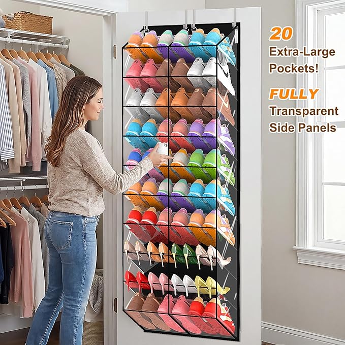 20-30 Pairs Over the Door Shoe Organizer, Transparent PVC Hanging Shoe Rack for Closet, 10-Tier Door Shoes Storage, Crystal-Clear Visibility Fit All the Family's Sneakers, Boots, Heels, Black Frame