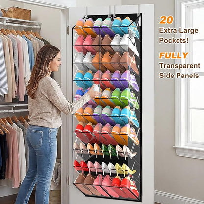 20-30 Pairs Over the Door Shoe Organizer, Transparent PVC Hanging Shoe Rack for Closet, 10-Tier Door Shoes Storage, Crystal-Clear Visibility Fit All the Family's Sneakers, Boots, Heels, Black Frame