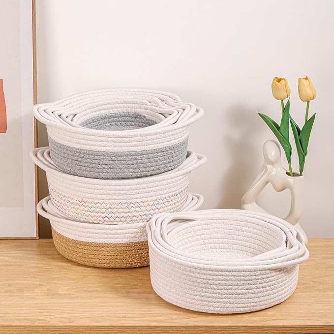 YMhoart Small Storage Woven Baskets Shelves Natural Cotton Rope Bins with Handle Toilet Tank Paper for Countertop Cute Gifts Organizing Mini Nursery 5 Set box (White&colored lines)