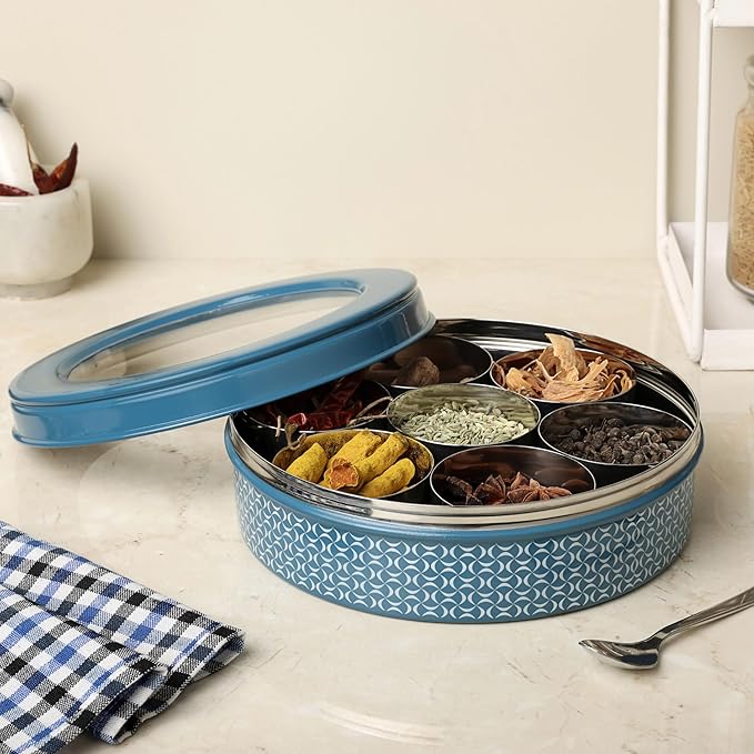 dudki 7 in 1 Stainless Steel Spice box for kitchen sturdy Masala dabba jar for Spices Seamless Design (Dusky Blue)