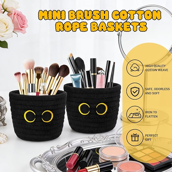 2 Pack Black Cat Makeup Brush Holder- Cute Cat Oval Mini Woven Cotton Rope Basket, Small Comb Brush Storage Decorative Empty Basket for Pencil Cosmetics Organizer Wedding Lover Gift,4 x 4 IN