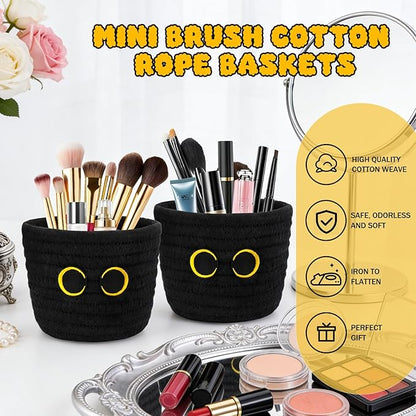 2 Pack Black Cat Makeup Brush Holder- Cute Cat Oval Mini Woven Cotton Rope Basket, Small Comb Brush Storage Decorative Empty Basket for Pencil Cosmetics Organizer Wedding Lover Gift,4 x 4 IN
