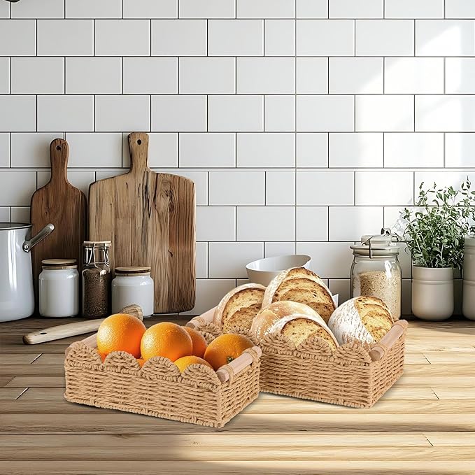 2 Set Paper Rope Scalloped Edge Decor Baskets for Toilet Tank Top, Living Room, Bedroom, End Table, Shelves with Wooden Handle, Both Small Items, Beauty Products, Cleaning Supplies