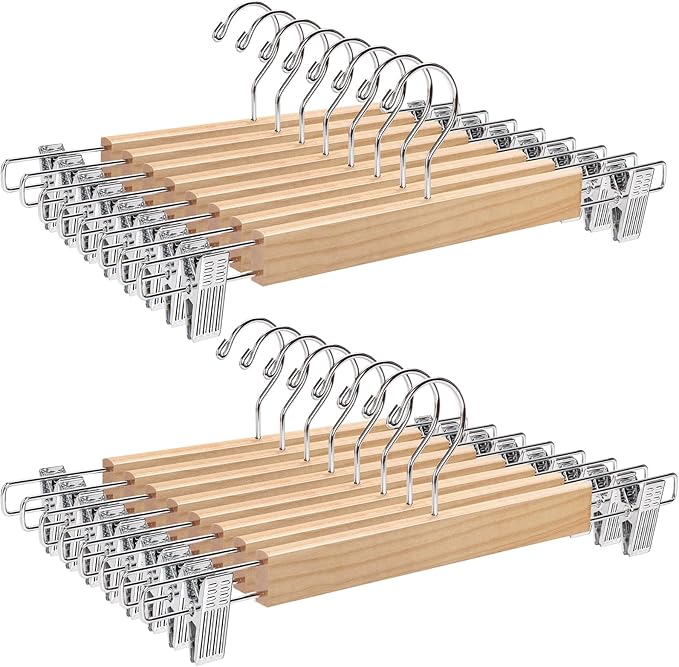 Amber Home 24 Pack 14.17" Solid Natural Wooden Pant Skirt Hangers, Bottom Hangers for Slacks Trousers Jeans with 2-Adjustable Anti-Rust Clips (Natural, 24 Pack)
