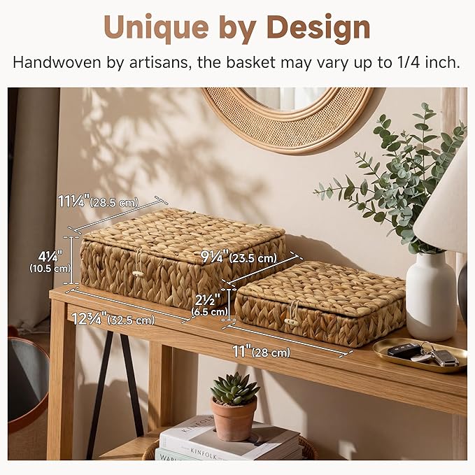 StorageWorks Wicker Basket with Lid, Flat Wicker Storage Bins with Lids, Decorative Storage Boxes with Lids, Water Hyacinth Baskets for Organizing, Woven Basket for Shelves