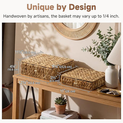 StorageWorks Wicker Basket with Lid, Flat Wicker Storage Bins with Lids, Decorative Storage Boxes with Lids, Water Hyacinth Baskets for Organizing, Woven Basket for Shelves
