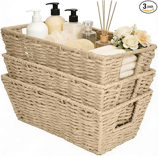 Paper Rope Storage Baskets for Shelves Organizing, Small Hand Woven Wicker Organizer Basket with Handle for Bathroom Toilet Paper Storage, Beige, 3-Pack