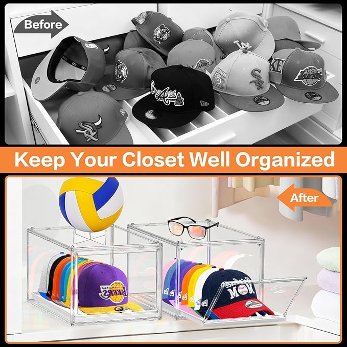 Hat Organizer Box for Baseball Cap, Stackable Hats Storage Container with Sliding Tray Drawer, Large Caps Display Case with Magnetic Door for Closet 16-20 Hats 2Pack Clear