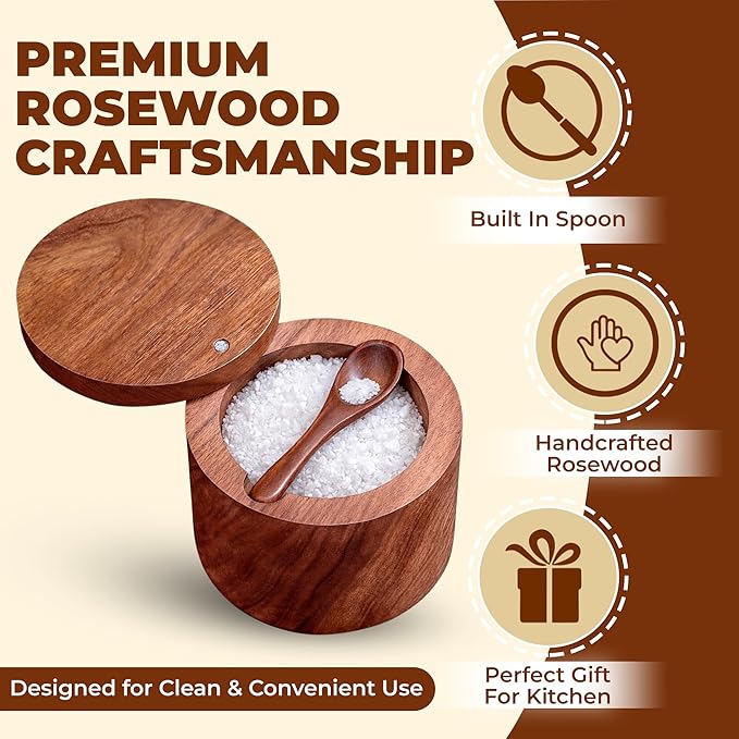 Wooden Salt Cellar with Magnetic Swivel Lid & Built-in Spoon, Salt Box for Kitchen Countertop, Premium Rosewood Salt Keeper for Sea Salt, Pepper & Spices (4.5 oz)