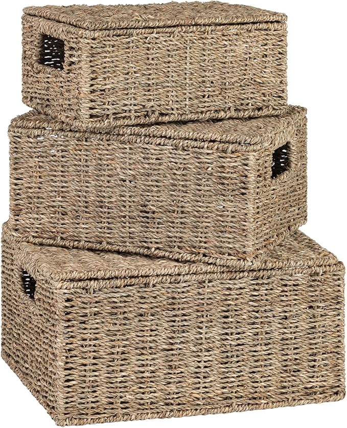 Wicker Storage Baskets with Lid, Hand-Woven Rectangular Wicker Basket with Lid for Bedroom & Living Room, Nesting Rattan Basket with Lid for Shelves (Seagrass, Set of 3）