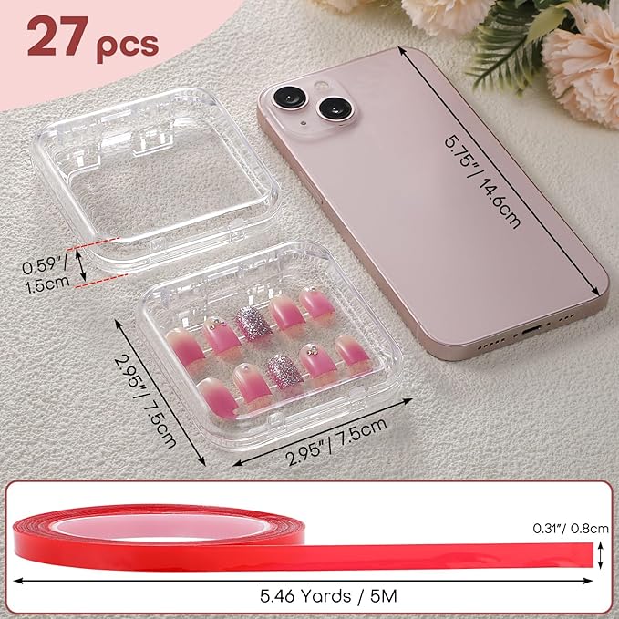 Noverlife 27 Set Press-On Nail Packaging Display Box w/ Adhesive Tape, 3x3" Clear Fake Nail Storage Container