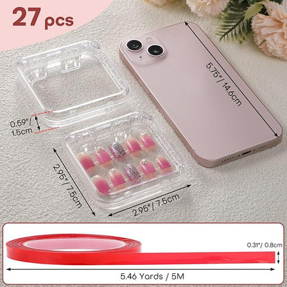 Noverlife 27 Set Press-On Nail Packaging Display Box w/ Adhesive Tape, 3x3" Clear Fake Nail Storage Container