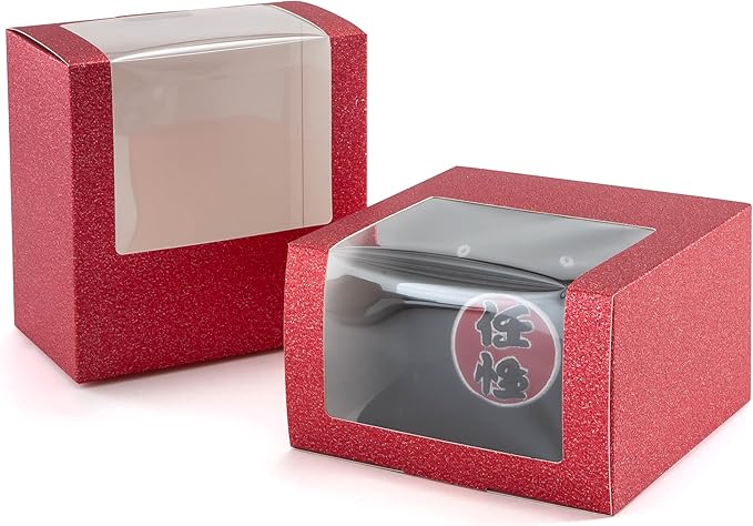 LADYBRO 10 Pack 7.8" x 7.8" x 4.8" Black Gift Boxes with Window Display for Hat Storage Containter for Baseball Caps (Fitted, Snapbacks, Trucker) (Glitter Red, 7.8" x 7.8" x 4.8")