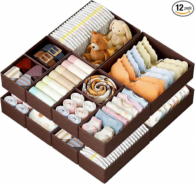 DIMJ Drawer Organizer Clothes, 12 Pack Underwear Organizer, Foldable Closet Organizers, Sock Organizer Bra Organizer, Fabric Dresser Organizer for Clothes, Bra, Socks, Tie (Brown)