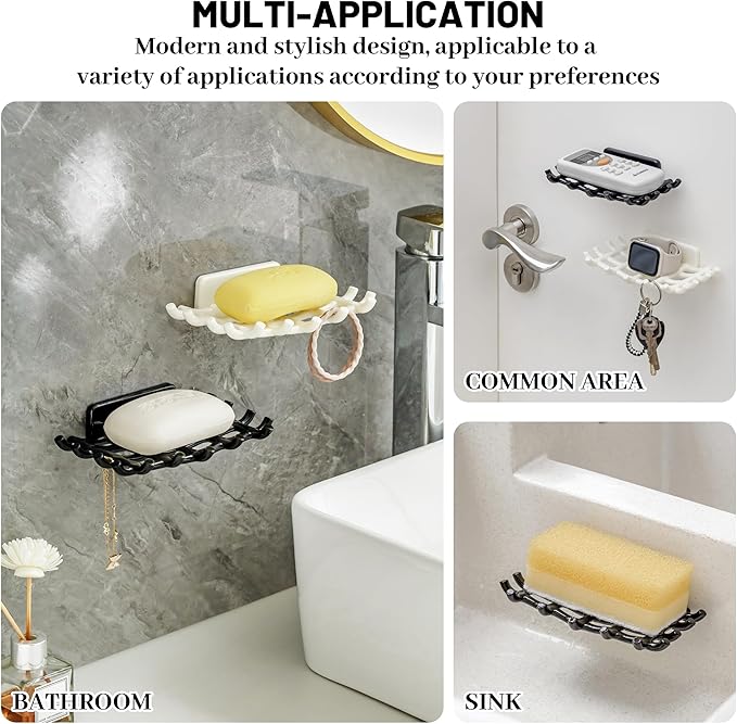 Shower Soap Holder for Wall, Adhesive Bar Soap Dish with Self Draining Grid, Side Hooks and No Drilling Mount, Black, 2 Pack