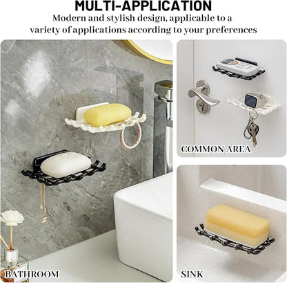 Shower Soap Holder for Wall, Adhesive Bar Soap Dish with Self Draining Grid, Side Hooks and No Drilling Mount, Black, 2 Pack