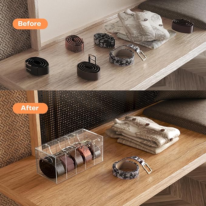 YUNEASELF Acrylic Belt Organizer Holder for Closet with Dust Cover Lid - Clear Storage Display Case for Drawer - 5 Compartments
