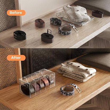 YUNEASELF Acrylic Belt Organizer Holder for Closet with Dust Cover Lid - Clear Storage Display Case for Drawer - 5 Compartments