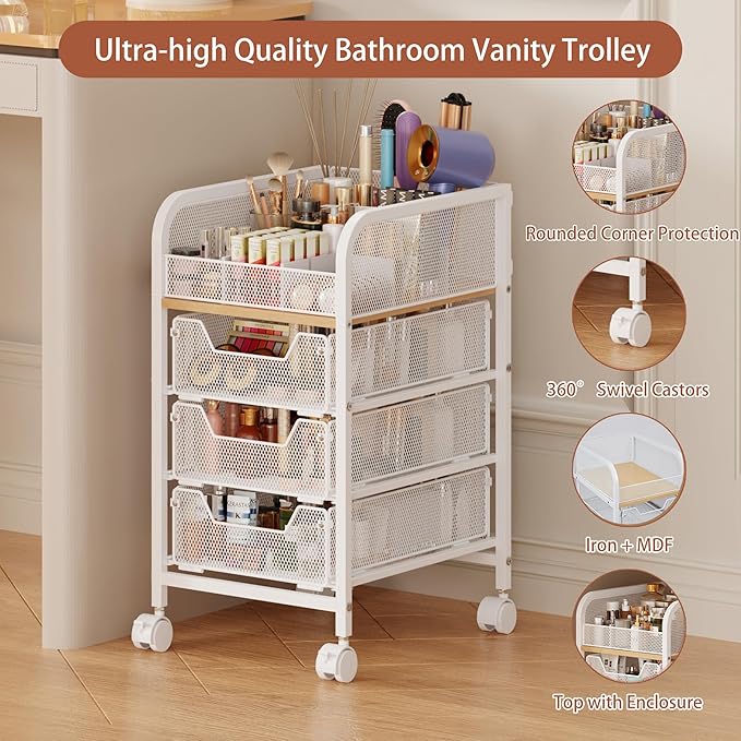 Rolling Makeup Cart Organizer with 3 Drawers, 4-Tier Narrow Floor Skincare Organizers with dividers, Vanity Organizer Cosmetics Display Cases for Makeup Brush, Hair Tool, White