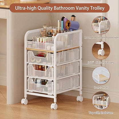 Rolling Makeup Cart Organizer with 3 Drawers, 4-Tier Narrow Floor Skincare Organizers with dividers, Vanity Organizer Cosmetics Display Cases for Makeup Brush, Hair Tool, White