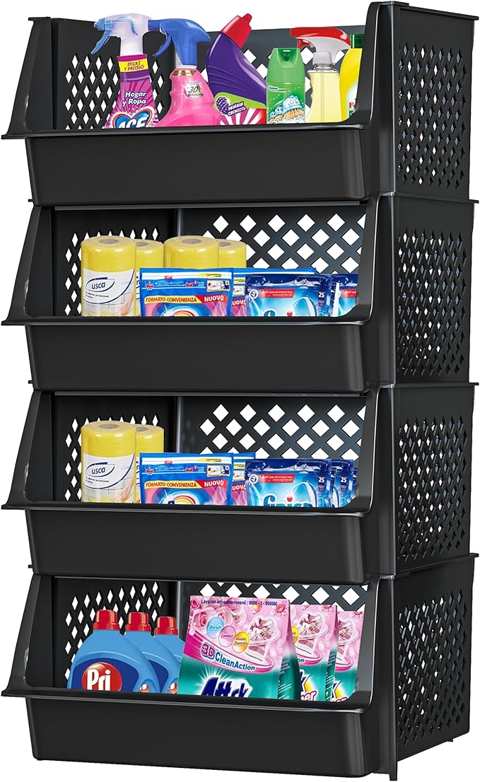 TidyFriend 4 Pk Large Stackable Storage Bins Open Front for Pantry Organizers and Storage, Pantry Storage for Food, Kitchen and Home Organization, Plastic Storage Bins, Dorm Room Essentials (Black)