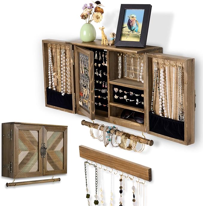 ikkle Wooden Jewelry Organizer Wall Mounted, Hanging Jewelry Holder with Removable Bracelet Rod and Hooks for Necklaces Earrings Bracelets Rings, Brown