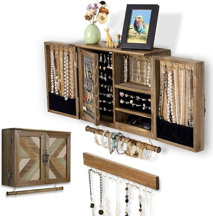 ikkle Wooden Jewelry Organizer Wall Mounted, Hanging Jewelry Holder with Removable Bracelet Rod and Hooks for Necklaces Earrings Bracelets Rings, Brown