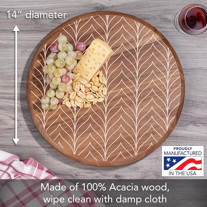 CounterArt Decorative Round Natural Wood Lazy Susan Turntable 14" Diameter Condiment Caddy, Cheese Server, Cake Plate, Spice Organization (White Chevron)