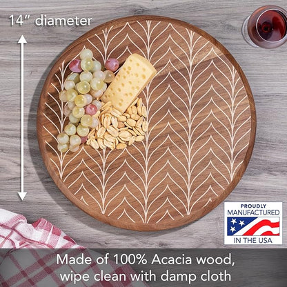 CounterArt Decorative Round Natural Wood Lazy Susan Turntable 14" Diameter Condiment Caddy, Cheese Server, Cake Plate, Spice Organization (White Chevron)