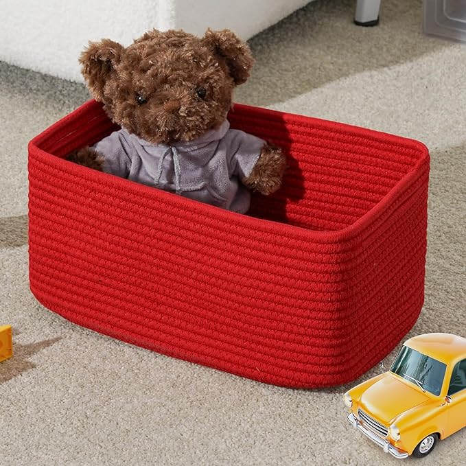 3-Pack Small Storage Baskets for Organizing | Woven Shelf Toy Basket | Rope Baskets for Gifts Empty | Closet Organizer Bins with Handles | Cube Decorative Box | 11.8×7.8×5.1” | Christmas Red
