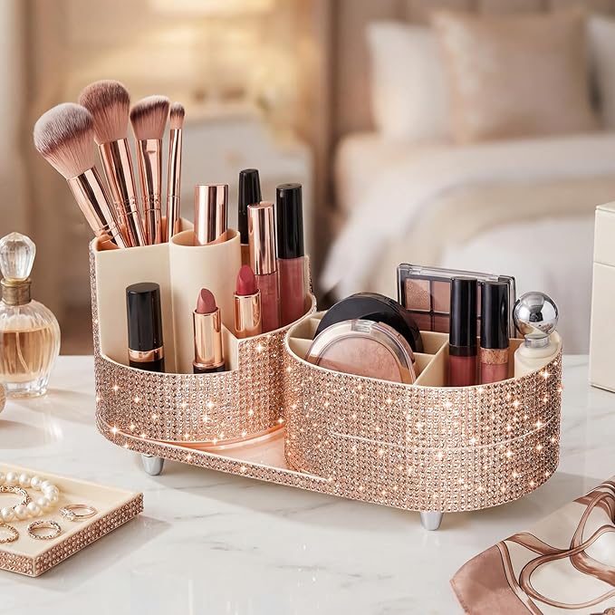 Teen Girls Mother's Day 360 Rotating Bling Makeup Organizer Gift Rhinestone Diamond Bathroom Organizer Girly Skin Care Brush Holder for Countertop, Bathroom Essentials(Champagne,Rhinestone)