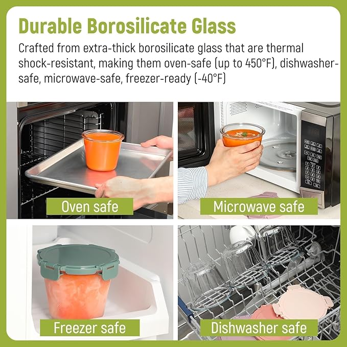 [UPGRADED LID] 6 Sets 3 Cup/24oz Borosilicate Glass Meal Prep Containers with Lids, Food Storage Bowl Jars for Soup Leftover Meal Lunch Oats Fruit Deli Salads - Microwave, Oven, Freezer Safe -BPA Free