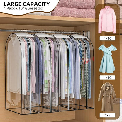 Upgraded Thickened Clear Garment Bags for Hanging Clothes 4 Packs, 10“ Gusseted and 40" Clothes Protectors for Hanging Clothes for Closet, Shirts, Coats, Dresses