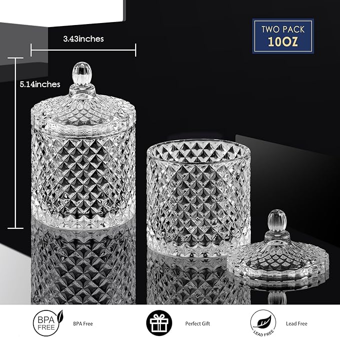 ALAMHI 2 Pack Qtip Holder Cotton Round Ball Holder Set, Apothecary Jars Glass Bathroom Storage jars with Lids for Bathroom Decor, Qtip Dispenser for Cotton Swab,Cutip