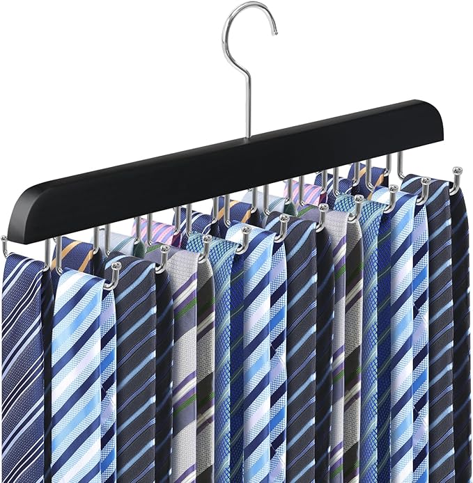 Tie Rack Belt Hanger for Closet Upgraded Non Slip Tie Hanger Space Saving with 20 Foldable Hooks Wooden Belt Tie Organizer for Tank Tops Bras Cami Scarves