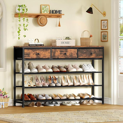 usikey 4 Tier Shoe Rack with 3 Drawers & 3 Oxford Fabric Shelves, Holds 15-18 Pairs, Metal Shoe Storage with Wood Top, Shoe Organizer for Entryway, Closet, Apartment, Rustic Brown UNYXJX022F