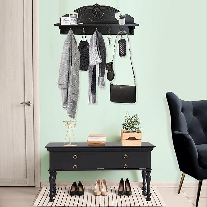 Felt Creative Home Goods Coat Hanger Wall Mount with Shelf Gorgeous 24" Farmhouse Coat Rack with 5 Hooks and Floating Shelf for Entryway, Jackets, Robes, Purses, Keys (Solid Black Pine)