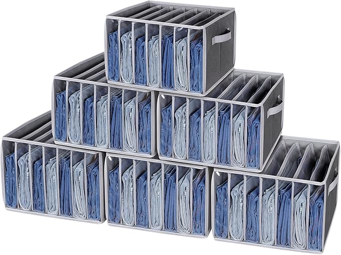 Zilink Upgraded Wardrobe Clothes Organizer with Support Board Clear Pant Organizer for Closet with 7 Grids Jeans Storage Organizer for Closet for Jean Pant Sweater Legging T-Shirt, 6 Pack