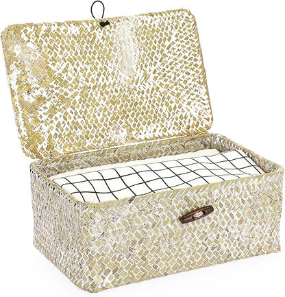 Hipiwe Wicker Shelf Baskets Bin with Lid Natural Seagrass Basket Storage Boxes Small Woven Basket Multipurpose Home Organizer Bins Box for Shelf Closet Bedroom Living Room Home Decor, Whitewash