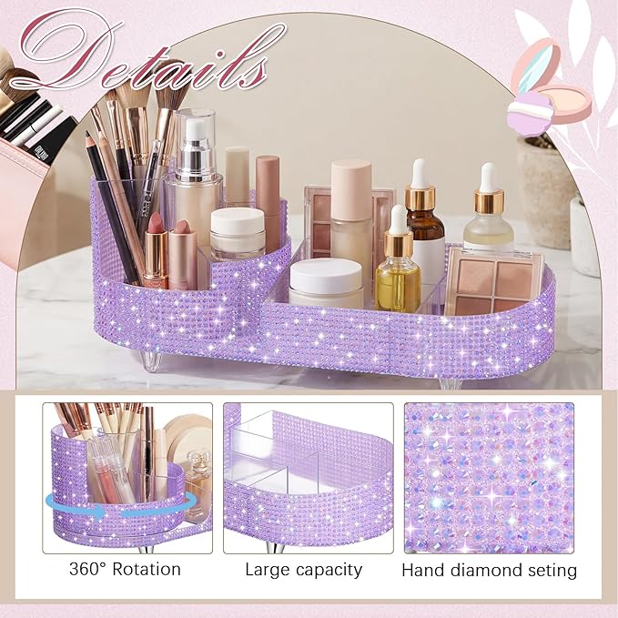 Teen Girls Mother's Day 360 Rotating Bling Makeup Organizer Gift Rhinestone Diamond Bathroom Organizer Girly Skin Care Brush Holder for Countertop, Bathroom Essentials(Purple,Rhinestone)