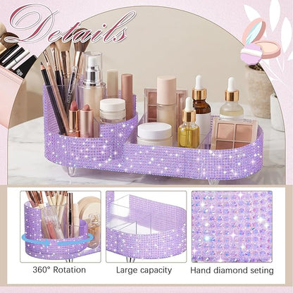 Teen Girls Mother's Day 360 Rotating Bling Makeup Organizer Gift Rhinestone Diamond Bathroom Organizer Girly Skin Care Brush Holder for Countertop, Bathroom Essentials(Purple,Rhinestone)