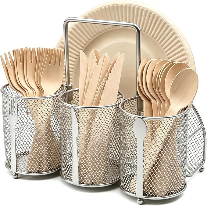 Silverware Organizer Utensil Caddy - 4 Compartment Metal Cutlery Holder Flatware Storage Basket Fork Spoon Napkin Paper Plate Kitchen Countertop Party Picnic Camping Buffet Outdoor (Silver)