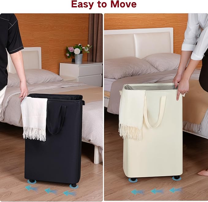 efluky Slim Laundry Hamper with Wheels, Rolling Laundry Basket for Clothes, Small Laundry Basket for Bedroom, Dorm and Laundry Room, 75L (19.8 Gallons) Black